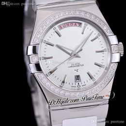 38mm Classic Day-Date A8500 Automatic Mens Watch Diamonds Bezel White Dial Stick Markers Stainless Steel Bracelet 123.10.38.22.01.001 Puretime G40dmd4