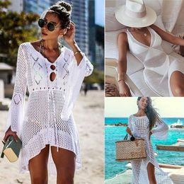 Sexy Cover Up Bikini Women Swimsuit Cover-up Beach Bathing Suit Beach Wear Knitting Swimwear Mesh Beach Dress Tunic Robe 220504