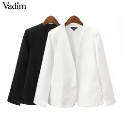 women elegant black white V neck coat pockets office wear solid outerwear female casual chic open stitch tops T200212