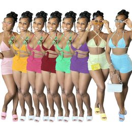 Women's Tracksuits Sexy Bra 2 Pieces Shorts Set Summer Beach Wear Backless Halter Crop Top And Mini With Pockets Women 2022 Party ClubwearWo