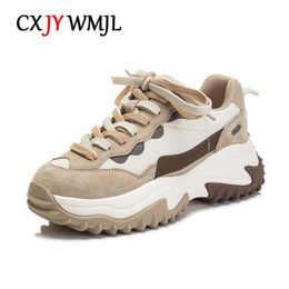 CXJYWMJL Women Top Layer Pork Skin Chunky Sneakers Spring Genuine Leather Sports Casual Shoe Ladies Thick Soled Vulcanised Shoes 220812