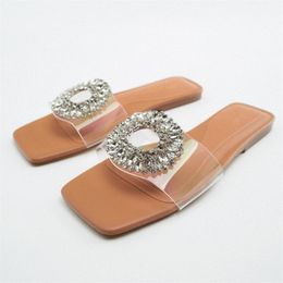 ZARZ Slipper Summer Luxury PVC Transparent Crystal SquareToe Flat Sandals Woman Beach Shoes Plus Size 41 220630