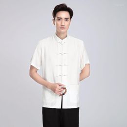 Ethnic Clothing Cotton Linen Mandarin Novelty Men Shirt Navy Blue Classic Short Sleeve Soft Tang Tops Big Size Vintage Kong Fu