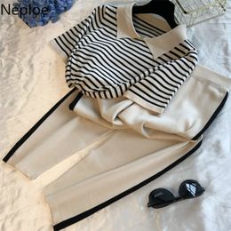 Neploe 2 Piece Set Women Summer 2020 Ice Silk Knitted Striped Short Sleeve T Shirts Stretch Waist Full Length Pants 44077 T200702