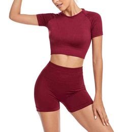 New Exercise Yoga Short Sleeve Shorts Set Womens Gym Seamless Knitted High Waist Hip Lift Push Up Sport fitness Suit J220706