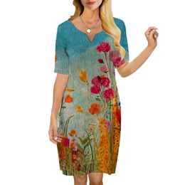 Women Dress Vintage Flowers 3D Printed VNeck Loose Casual Short Sleeve Shift Dress for Female Dresses Summer Dress W220616