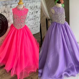 High Collar Girl Pageant Dress 2022 Ballgown Crystals Beaded Organza little Kid Birthday Formal Party Gown Toddler Teens Preteen Floor-Length Little Miss Orchid