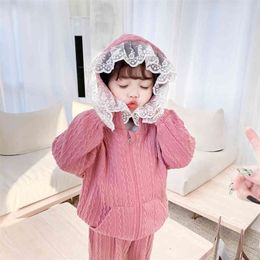 Girls Knitted Clothes Lace Hoodies Pants Clothing For Girls Patchwork Clothes For Toddler Girls Casual Style Baby Girl Clothes 210412