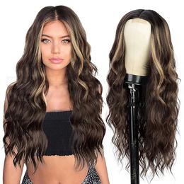 Ombre Brown Synthetic Wig Women'S Front Lace Wig Medium Split Small Lace Highlights Long Curly Hair Chemical Fibre Headgear