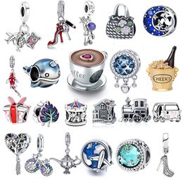 925 Sterling Silver Dangle Charm Aircraft Train Tower Camera Travel Dream Coffee Cup Shoes Bead Fit Pandora Charms Bracelet DIY Jewelry Accessories