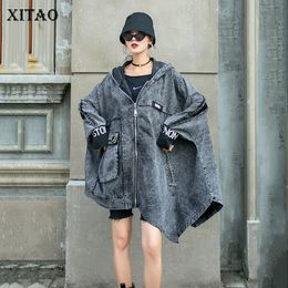 XITAO Streetwear Denim Jacket Women Loose Plus Size Bat Sleeve Korean Coats Women Fashion Trend Hooded Irregular Top ZP3269 201029