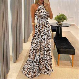 Leopard Print Sleeveless O-Neck Hang a neck Sexy Long Dress Summer Women Fashion Streetwear 2022 Christmas Party Outfits G220510