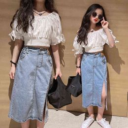 Teenager Girls clothes Set White Puff Sleeves Shirt Denim Skirt 2Piece Suit Childrens Clothing Summer Kids Boutique Outfits G220509