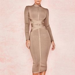 Ocstrade Fall Winter Women Long Sleeve Bandage Dress New Arrival Brown Ribbed Midi Bandage Dress Bodycon Sexy Party Dress 210320