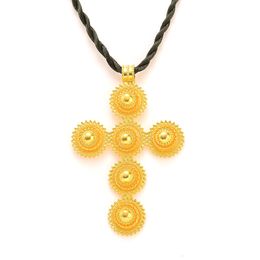 24k Pendant Yellow Fine Gold Tone Crucifix Cross Flower Multi Layer Choker pagoda Black rope Necklace