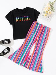 Toddler Girls Letter Graphic Tee & Vertical Striped Flare Leg Pants SHE