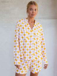 Hiloc Dambord Pyjamas With Shorts Double Pockets V Neck Loungewear Women Pyjamas Long Sleeve Plaid Sets Womens Outfits 2022 L220803