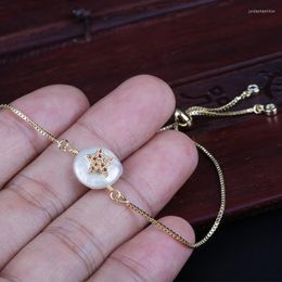 Orange Cz Zircon Paved Tiny Star Charm Freshwater Pearl Bead Charms Dainty Gold Thin Link Bracelets For Women Jewelry Gift Chain