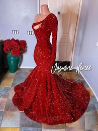 2022 Red Sparkling One Shoulder Sequins Mermaid Long Prom Dresses Long Sleeve Ruched Evening Gown Plus Size Formal Party Wear Gown209S