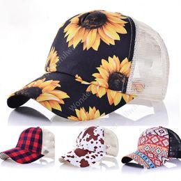 New Sunflower Cow Plaid Camo Print Hat Mesh Splicing Criss-Cross Hollow Out Baseball Hats Ponytail Hats 600pcs DAW456
