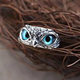 Anello gufo in argento con occhi di gatto multicolori, fascino animale, anelli vintage per uomo, donna, anelli di apertura regolabili, regali di gioielli
