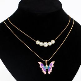 Fashion Women Butterfly Necklaces Thai Pop Butterfly Pearl Necklace Double Choker Chains Girl Jewellery gift