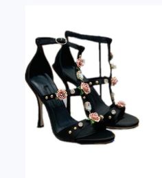 2022 The latest women's sandals on the whole network stiletto flower with diamond decoration leather suede banquet casual all-match black pink 10cm