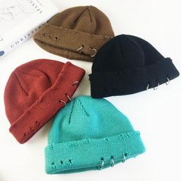 Berets European And American Personality Hoop Hole Wool Knit Hat Korean Men Women Couple Trend Cold Autumn Winter Warm CapBerets