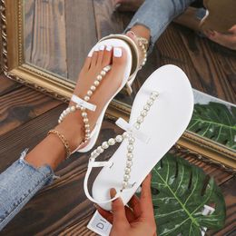 Sandals Spring/Summer Thong Flat Bottom Pearl Bow Decoration Elastic Belt Beach Flip FlopsSandals