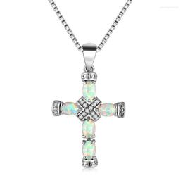 Pendant Necklaces Christian Cross Blue Opal Stone Sterling Sliver Pendants For Women GirlsPendant