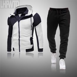 Spring and autumn men's two-piece striped sportswear men's full-sleeved top with hood outdoor sports pants track suit sui 201128