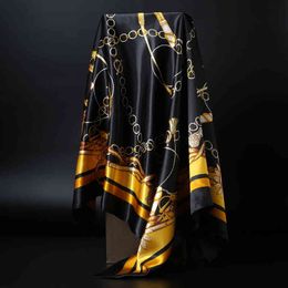 -FACHIPE FAMIQUE 90 * 90cm Grand écharpe carrée Bandana Black Print Châle Hijab Office Party Silk Satin Kerchief G220513