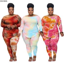 CMYAYA Plus Size XL-4XL Tie Dye Print Women's Set Long Sleeve Tee Tops Pencil Pants Suit Tracksuit Two Piece Set Fitness Outfit 210331