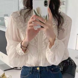 Women's Blouses & Shirts Elegant Long Sleeve Lace Blouse Women Stand Collar Vintage Women's Shirt Flower Embroidered Button Female Cloth