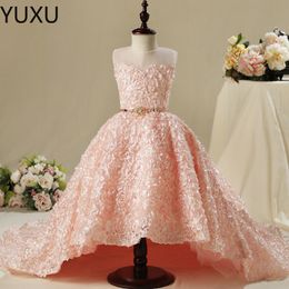 Princess Flower Long Train With Pearls Beads First Holy Communion Dresses V Neck Lace Ball Gown Girls Pageant Gowns 403