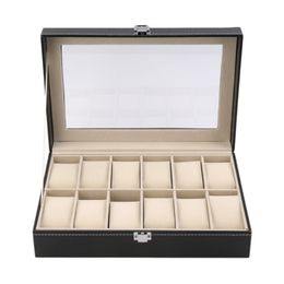 6/12 Slots Grid PU Leather Watch Display Box Jewellery Storage Organiser Case Locked Watch Display Casket With Black Colour T200523