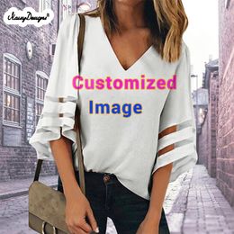 Noisydesigns Customised Print Women Chiffon Blouse Tunic Fashion Bell Sleeves Mesh Panel Loose Tops Shirts Ladies Mujer Dropship 220616