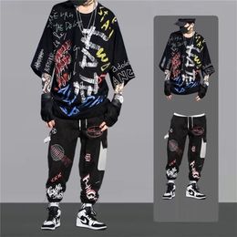 Hip Hop Men's Sets Short Sleeve T ShirtsElastic Waist Trousers Fashion Men Clothing Sets Streetwear Two Piece Set Tracksuit Men 220610