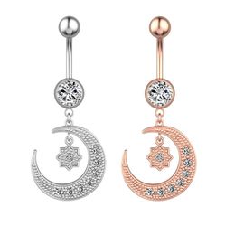 Rose Gold Moon Zircon Navel Ring Pentagram Pendant Belly Button Ring Drop Dangle Body Jewellery