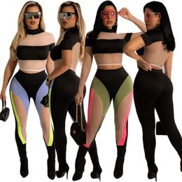 Fashion Mesh See Through Tracksuits For Womens Short Sleeve Stand Neck Crop Tops And Slim Splicing Pants Sexy 2 Piece Sets 259