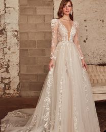 Sexy A-line Wedding Dresses Deep V Neck Long Lace Sleeve Chiffon Lace Ruffles High Waist Appliques Backless Sequins Floor Length Bridal Dress Bohemian Wedding Gowns