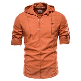 Design Hoodied Long Sleeve Linen Shirt Men Solid Colour 100% Cotton Quality Pullover Shirt for Men Streetwear Mens Shirts 220704