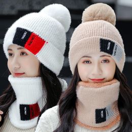 Berets Scarf Hat Female Bib Suit Plus Velvet Thick Woollen Knitted All-match Women Winter And Gloves Set