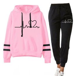 Women Tracksuits Autumn Spring Clothing Female Suits 2 Pieces Set Hooded Sweatshirts and Black Pants Casual Outfits Love Print 220817