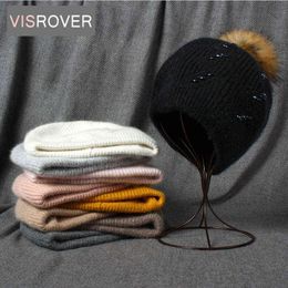 Fishrover 8 Rabbit Cashmere Unisex Woman Winter Hat With Bead Autumn Hats With Pompom Cashmere Woman Warm Wool Skullies Gift J220722