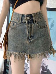 HOUZHOU Vintage Distressed Raw Edge Jean Skirt Women Korean Fashion Summer High Waist Sexy Tassel Denim Mini Skirt Streetwear T220819