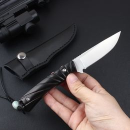 Special Offer H8401 Small Survival Straight Knife D2 Satin Drop Point Blade Ebony Handle Fixed Blade Outdoor Hunting Fishing Knives with Leather Sheath