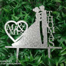 Custom wedding cake topper Personalized Groom Bride Cake Topper Acrylic silver glitter Wedding Party Decoration 220618