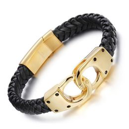 8.66" Men's Italian Gold Silver Plated Handcuff Bracelets Fashion Punk Hiphop 316L Stainless Steel Male Braded Genuine Leather Bracelet Bangle Jewelry