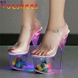 Light Up Glowing Shoes LED Woman Luminous Clear Sandals Hyaline Hollow Petal Waterproof Platform Wedding Heels Shoes Stripper 220516